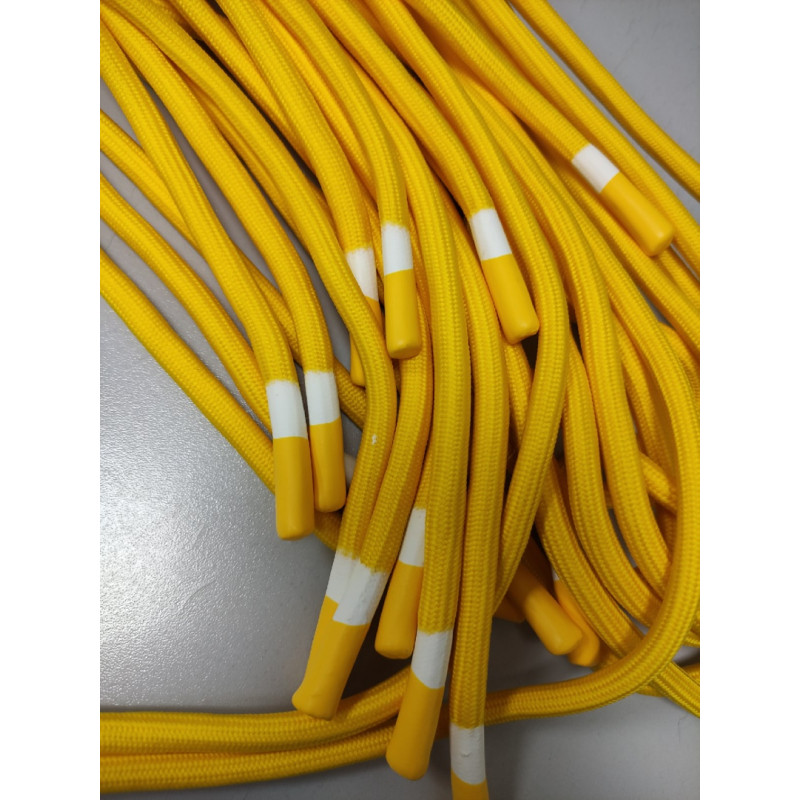 Шнурок пэ круглый Желтый с декоративным наконечником белая полоса 10 мм 130 см